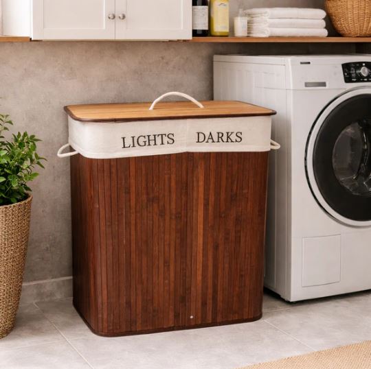 Rectangular Dual Compartments Bamboo Laundry Basket