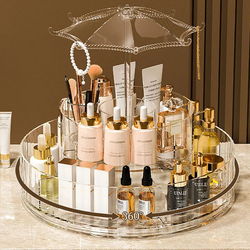 360° Rotating Umbrella Makeup Organizer – Multi-Layer Storage