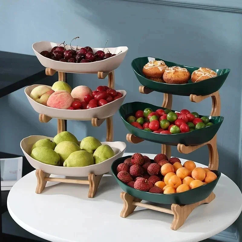 3-Layer Fruit & Snack Plate – Wooden Stand Serving Dish for Home & Parties