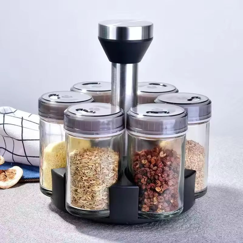 Rotating Spice Rack with Glass Bottles – Kitchen Organizer