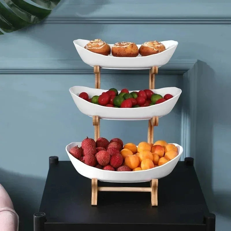 3-Layer Fruit & Snack Plate – Wooden Stand Serving Dish for Home & Parties
