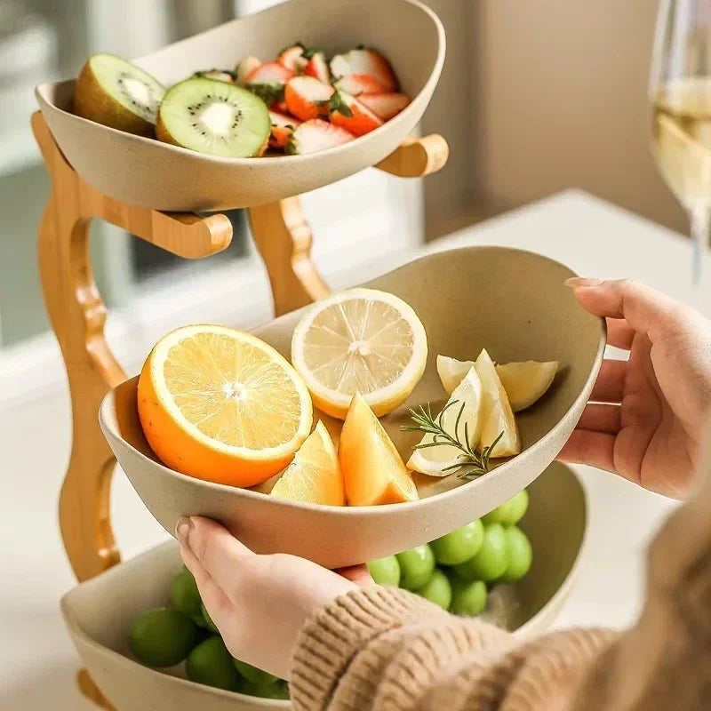 3-Layer Fruit & Snack Plate – Wooden Stand Serving Dish for Home & Parties
