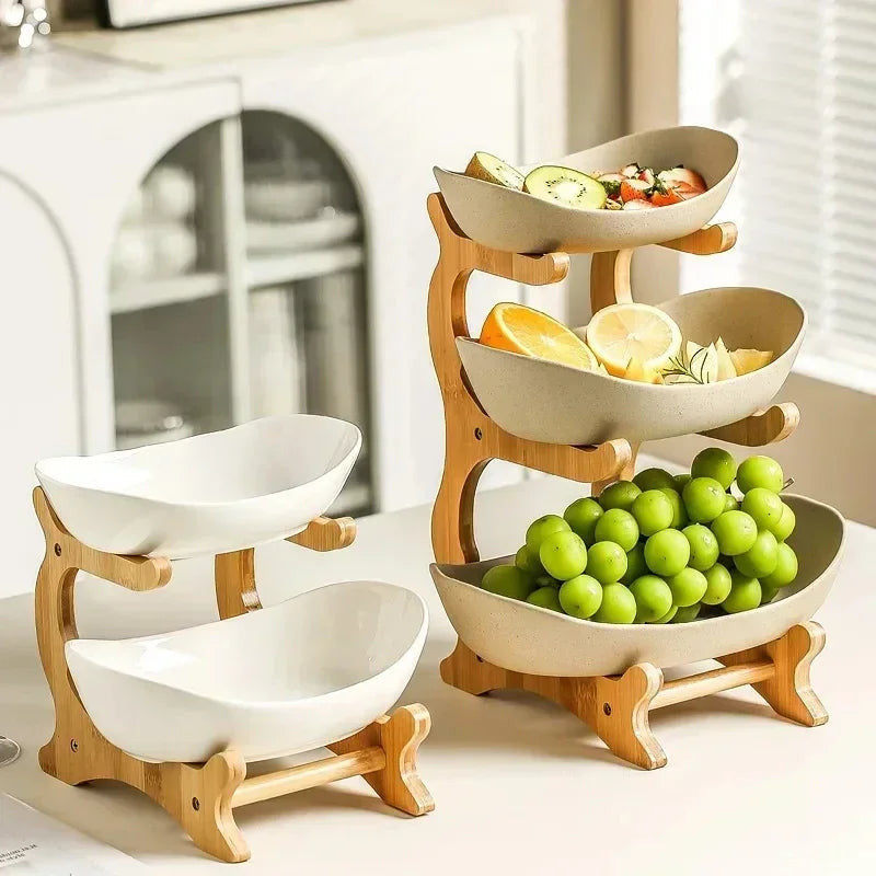 3-Layer Fruit & Snack Plate – Wooden Stand Serving Dish for Home & Parties