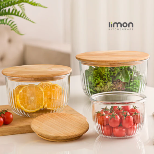 Elegant Fluted Airtight Glass Bowl Set – Premium 3-Piece Storage Containers | Adornia.pk
