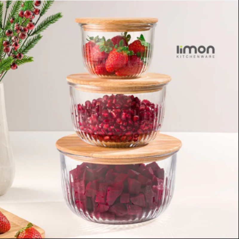 Elegant Fluted Airtight Glass Bowl Set – Premium 3-Piece Storage Containers | Adornia.pk