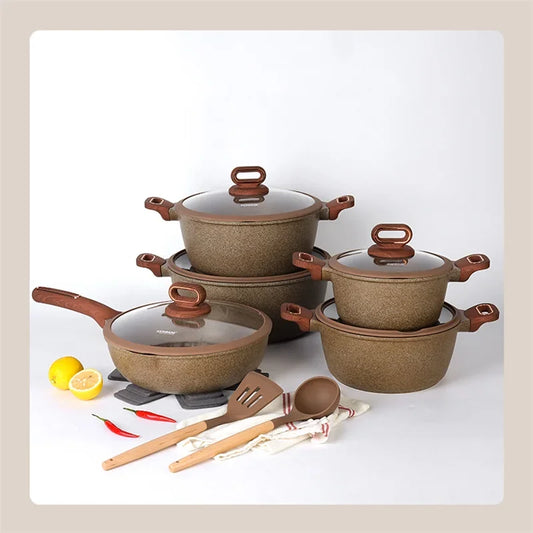 DONNOR 15-Piece Non-Stick Cookware Set | Premium Aluminum Pots & Pans with Glass Lids | Induction & Gas Compatible - Brown