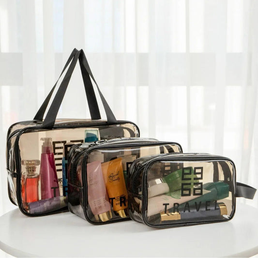 Pack of 3 Large PVC Transparent Cosmetic Bag – Waterproof Handheld Makeup Pouch
