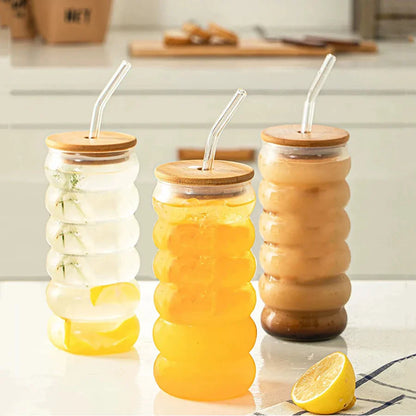 Clear Ripple Glass Cups with Straws – Juice & Cocktail Glasses