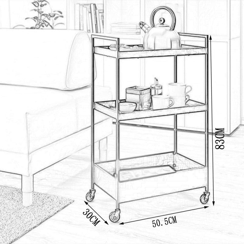 Metal 3-Tier Serving Trolley For Kitchen Home Office Bathroom Mobile Storage Rack Shelves - Black