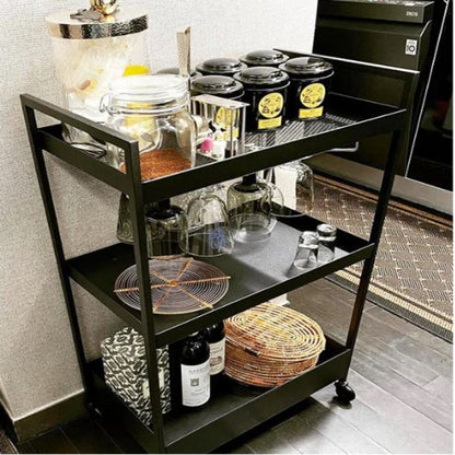Metal 3-Tier Serving Trolley For Kitchen Home Office Bathroom Mobile Storage Rack Shelves - Black