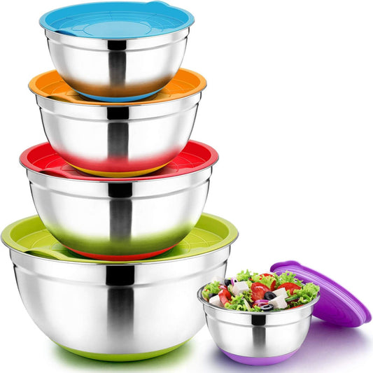 Set of 5pcs Stainless Steel BOWLS with Leak-Resistant COLORFUL Lids Food Container