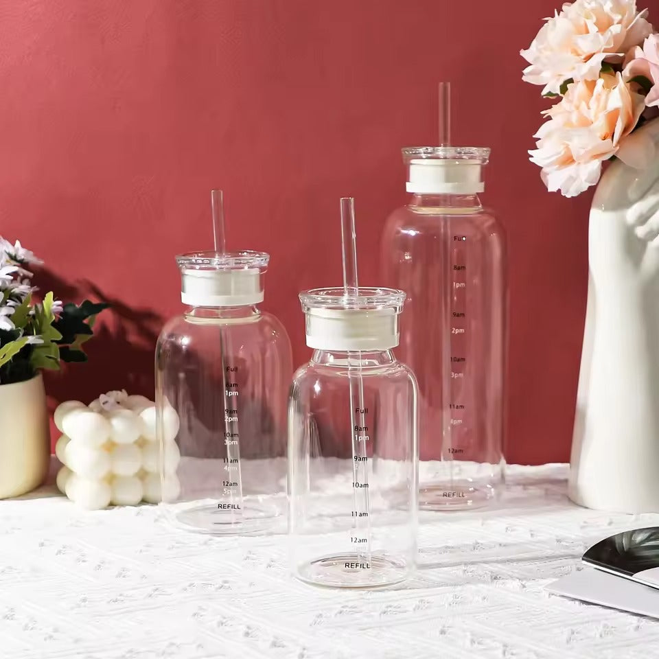 Transparent Glass Water Bottle With Straw