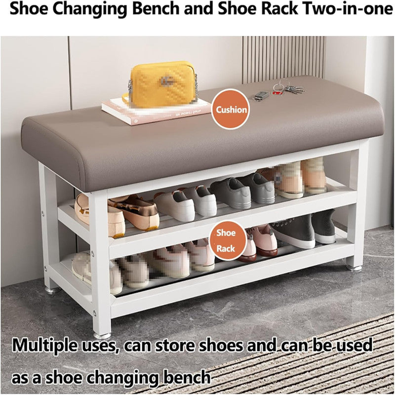Shoe Bench Organizer with Cushion - 2 Tier Steel Shoe Rack Storage Bench