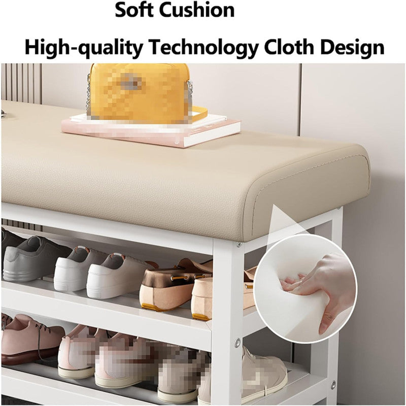 Shoe Bench Organizer with Cushion - 2 Tier Steel Shoe Rack Storage Bench