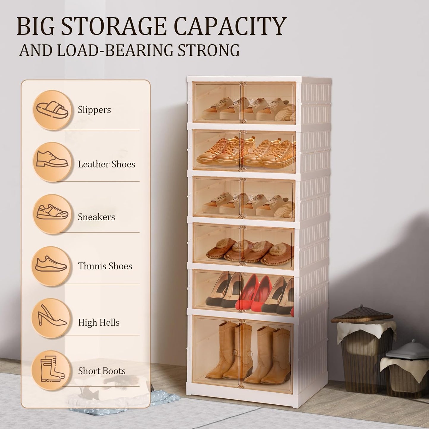 6-Tier Foldable Shoe Rack Organizer Portable Shoe Cabinet with Magnetic Clear Door