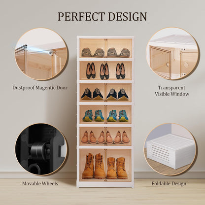 6-Tier Foldable Shoe Rack Organizer Portable Shoe Cabinet with Magnetic Clear Door