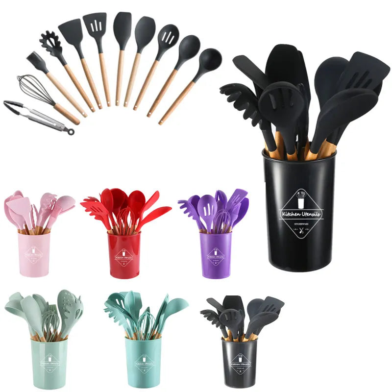 12PCS Kitchen Utensil Set Silicone Cooking Utensils Kit Spatula Heat Resistant Wooden Spoons Gadgets Tool for Non-Stick Cookware