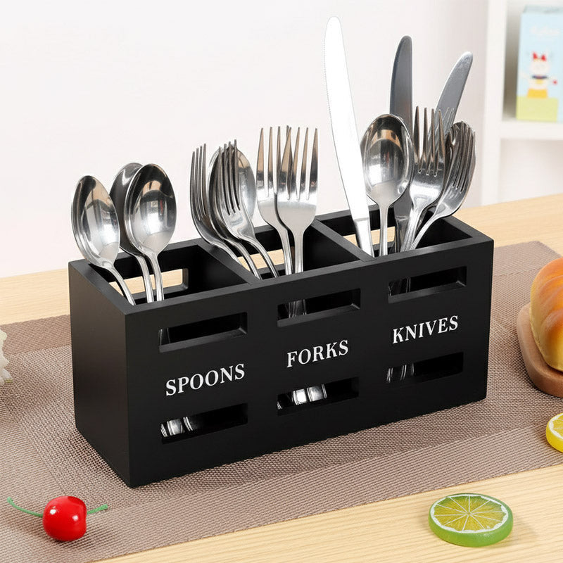 Wooden Utensil Holder With 3 Compartments