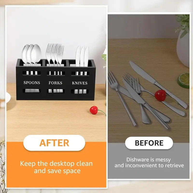 Wooden Utensil Holder With 3 Compartments