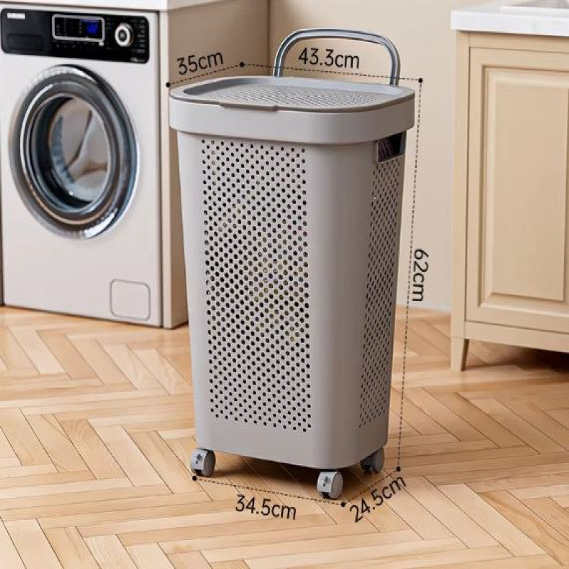 White & Grey Slim Laundry Hamper 60L | Clothes Storage Basket with Lid for Bedroom & Wardrobe Organization
