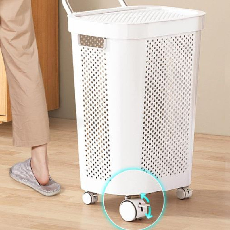 White & Grey Slim Laundry Hamper 60L | Clothes Storage Basket with Lid for Bedroom & Wardrobe Organization