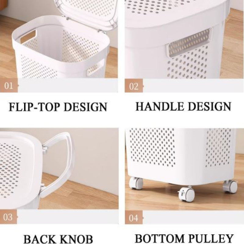 White & Grey Slim Laundry Hamper 60L | Clothes Storage Basket with Lid for Bedroom & Wardrobe Organization