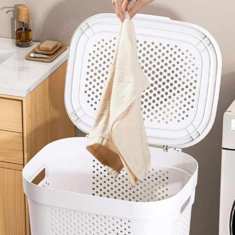 White & Grey Slim Laundry Hamper 60L | Clothes Storage Basket with Lid for Bedroom & Wardrobe Organization