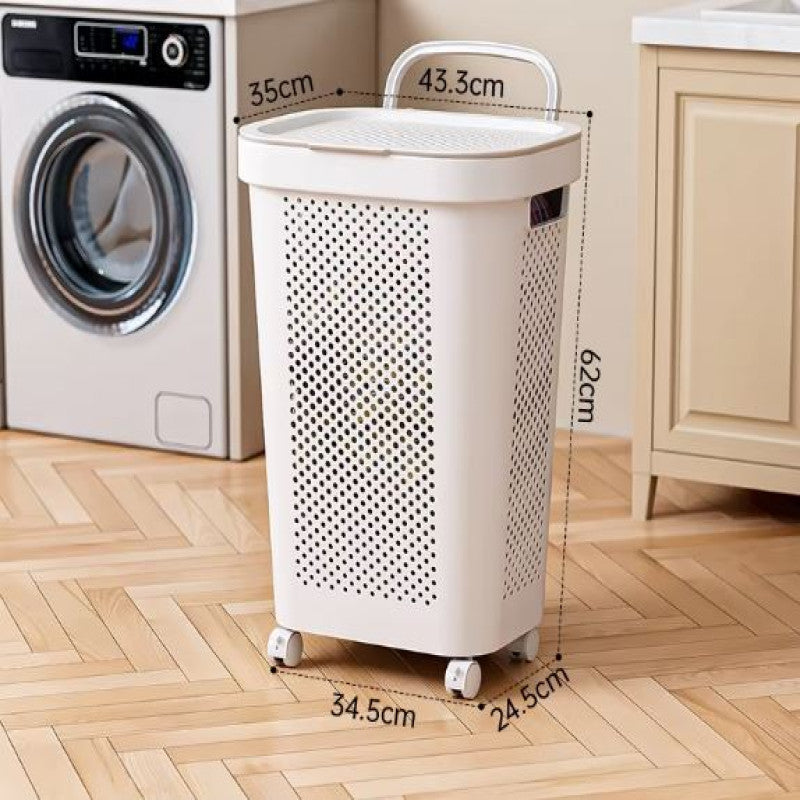 White & Grey Slim Laundry Hamper 60L | Clothes Storage Basket with Lid for Bedroom & Wardrobe Organization