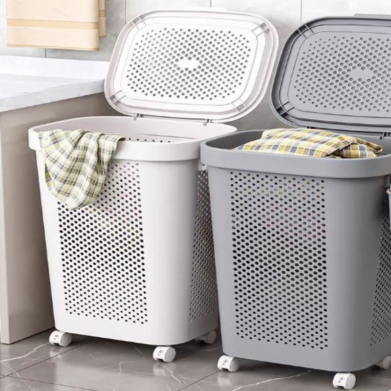 White & Grey Slim Laundry Hamper 60L | Clothes Storage Basket with Lid for Bedroom & Wardrobe Organization