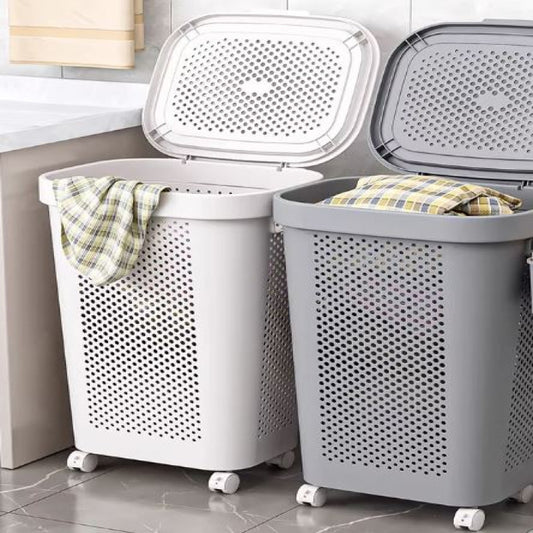 White & Grey Slim Laundry Hamper 60L | Clothes Storage Basket with Lid for Bedroom & Wardrobe Organization