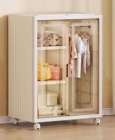 Small Wardrobe Closet, Folding Storage Bins with Doors, Portable Wardrobe with Wheels, Stackable Storage for Bedroom Dorm, Plastic Wardrobe for Hanging Clothes