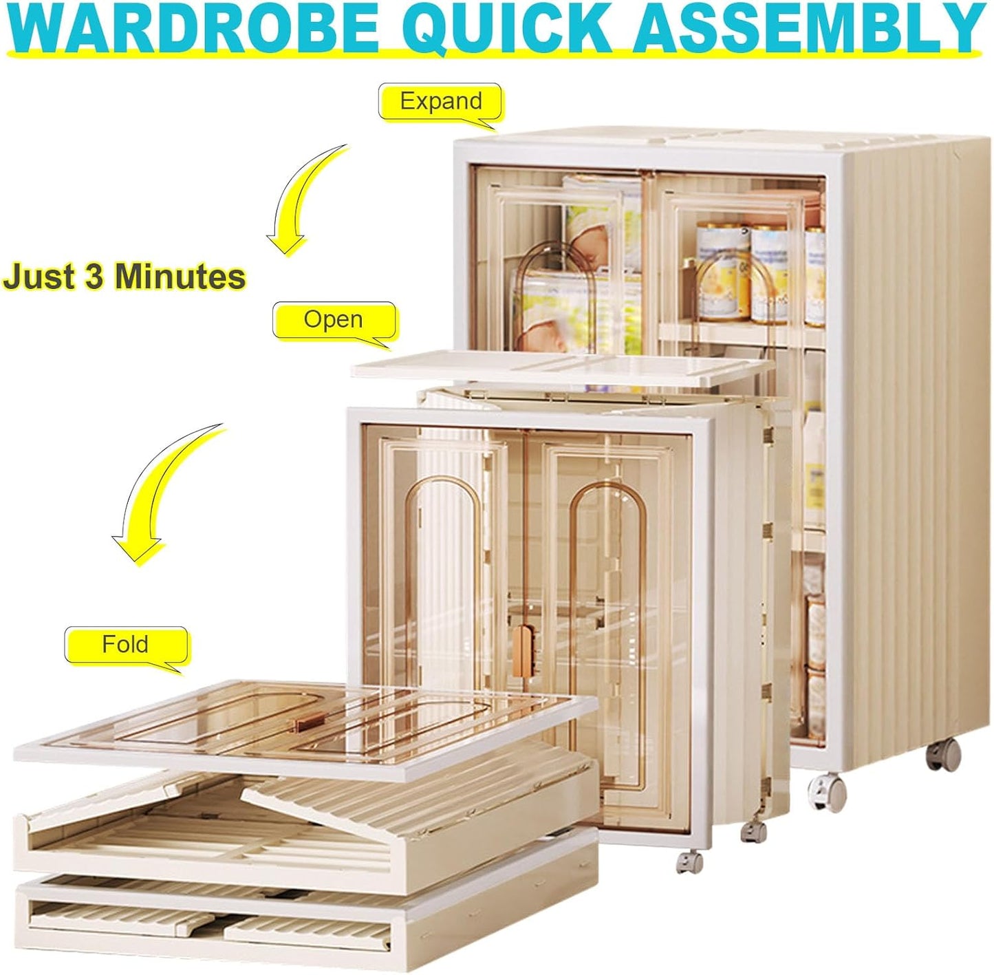 Small Wardrobe Closet, Folding Storage Bins with Doors, Portable Wardrobe with Wheels, Stackable Storage for Bedroom Dorm, Plastic Wardrobe for Hanging Clothes