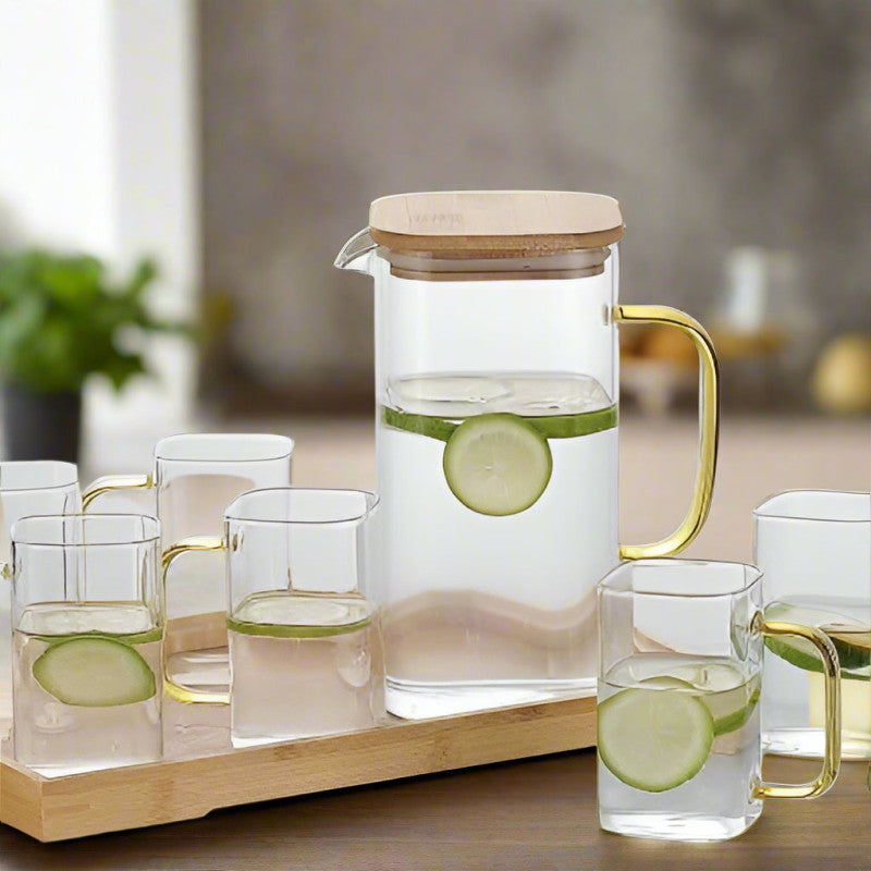 Limon 8-Piece Glass Pitcher Set with Wooden Lid & Serving Tray – Elegant Beverage Set for Water, Juice & Drinks | Adornia.pk