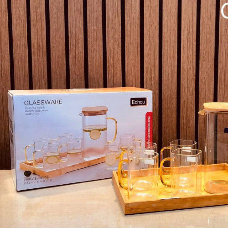 Limon 8-Piece Glass Pitcher Set with Wooden Lid & Serving Tray – Elegant Beverage Set for Water, Juice & Drinks | Adornia.pk
