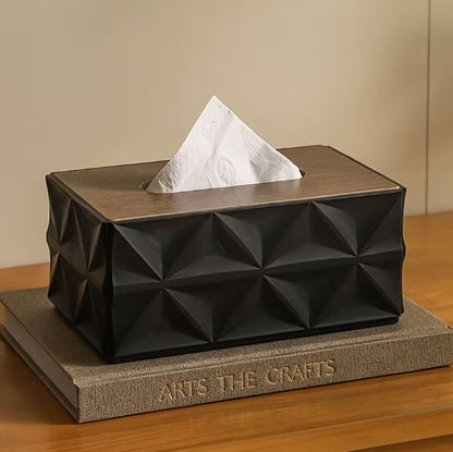 Modern Geometric Tissue Box Cover with Wooden Finish Lid