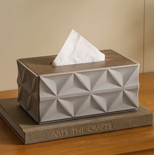 Modern Geometric Tissue Box Cover with Wooden Finish Lid