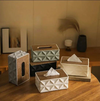 Modern Geometric Tissue Box Cover with Wooden Finish Lid