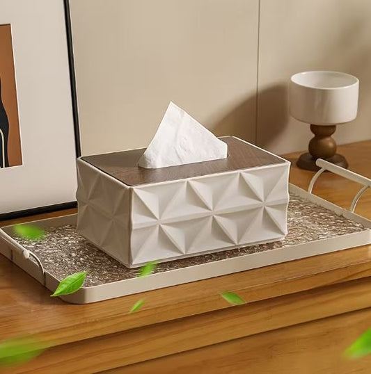 Modern Geometric Tissue Box Cover with Wooden Finish Lid