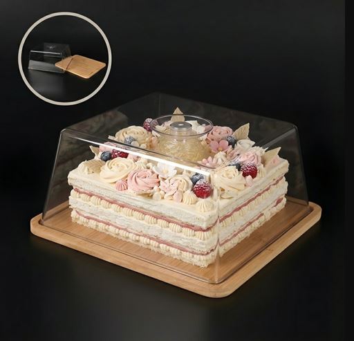 Square Cake Stand with Lid, Bamboo Cake Stand with Dome, Dessert Display Stand with Acrylic Cover for Cheese, Pie, Chips & Dips, Serving Platter with Cover for Kitchen/Party/Wedding/Birthday