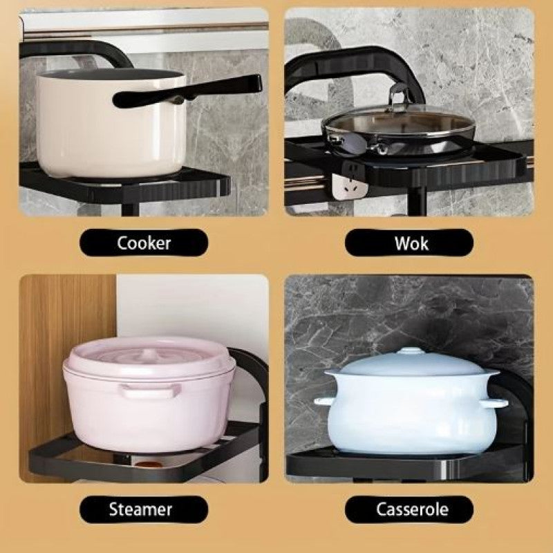 1pc Adjustable 3-Tier Black Stainless Steel Pot Rack - Space-Saving Kitchen Organizer with Multi-Shelved Storage Solution, Ideal for Home & Restaurant