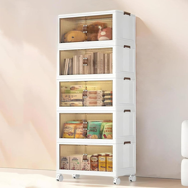 Stackable Storage Bins with Lids, 5 Tier Plastic Storage Cabinets Closet Organizers with Doors, Folding Storage Boxes for Home Kitchen Dorm