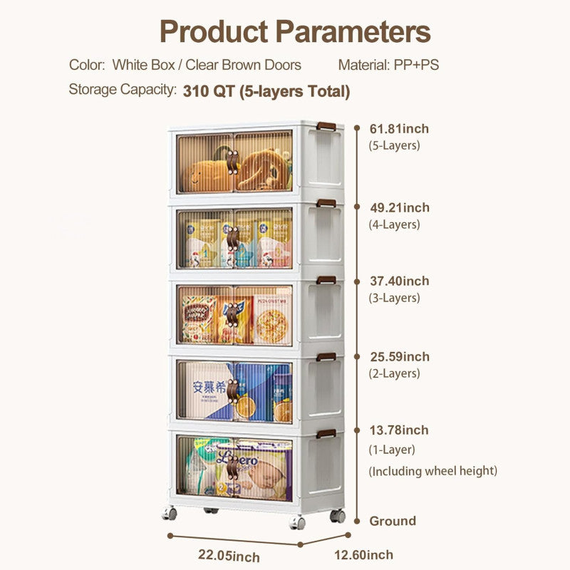 Stackable Storage Bins with Lids, 5 Tier Plastic Storage Cabinets Closet Organizers with Doors, Folding Storage Boxes for Home Kitchen Dorm