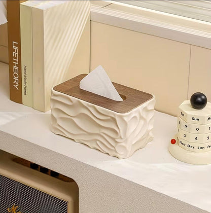 Stylish Wavy Tissue Box Cover with Wooden Lid – Modern Textured Napkin Holder
