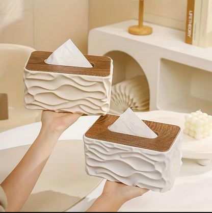 Stylish Wavy Tissue Box Cover with Wooden Lid – Modern Textured Napkin Holder