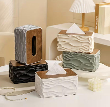 Stylish Wavy Tissue Box Cover with Wooden Lid – Modern Textured Napkin Holder