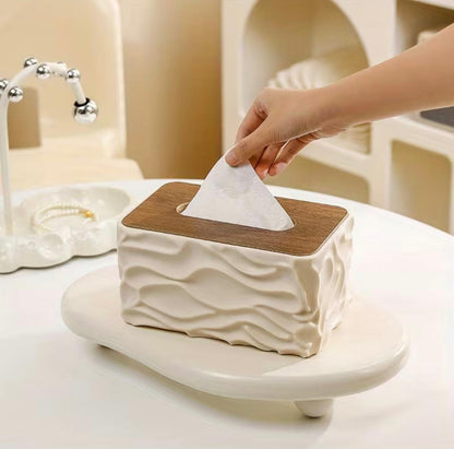 Stylish Wavy Tissue Box Cover with Wooden Lid – Modern Textured Napkin Holder