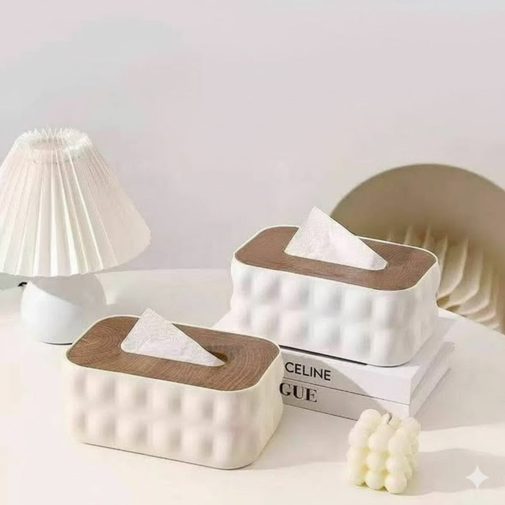 Nordic Bubble-Texture Tissue Box with Natural Wood Lid