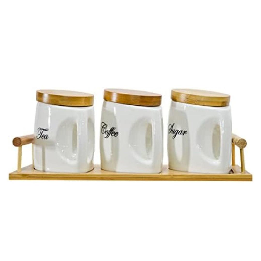 Ceramic Canister Set With Bamboo Stand