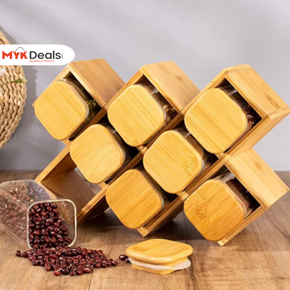 Bamboo 8Pc Masla jars set With wood stand