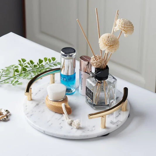 Round White Marble Tray With Gold Handle